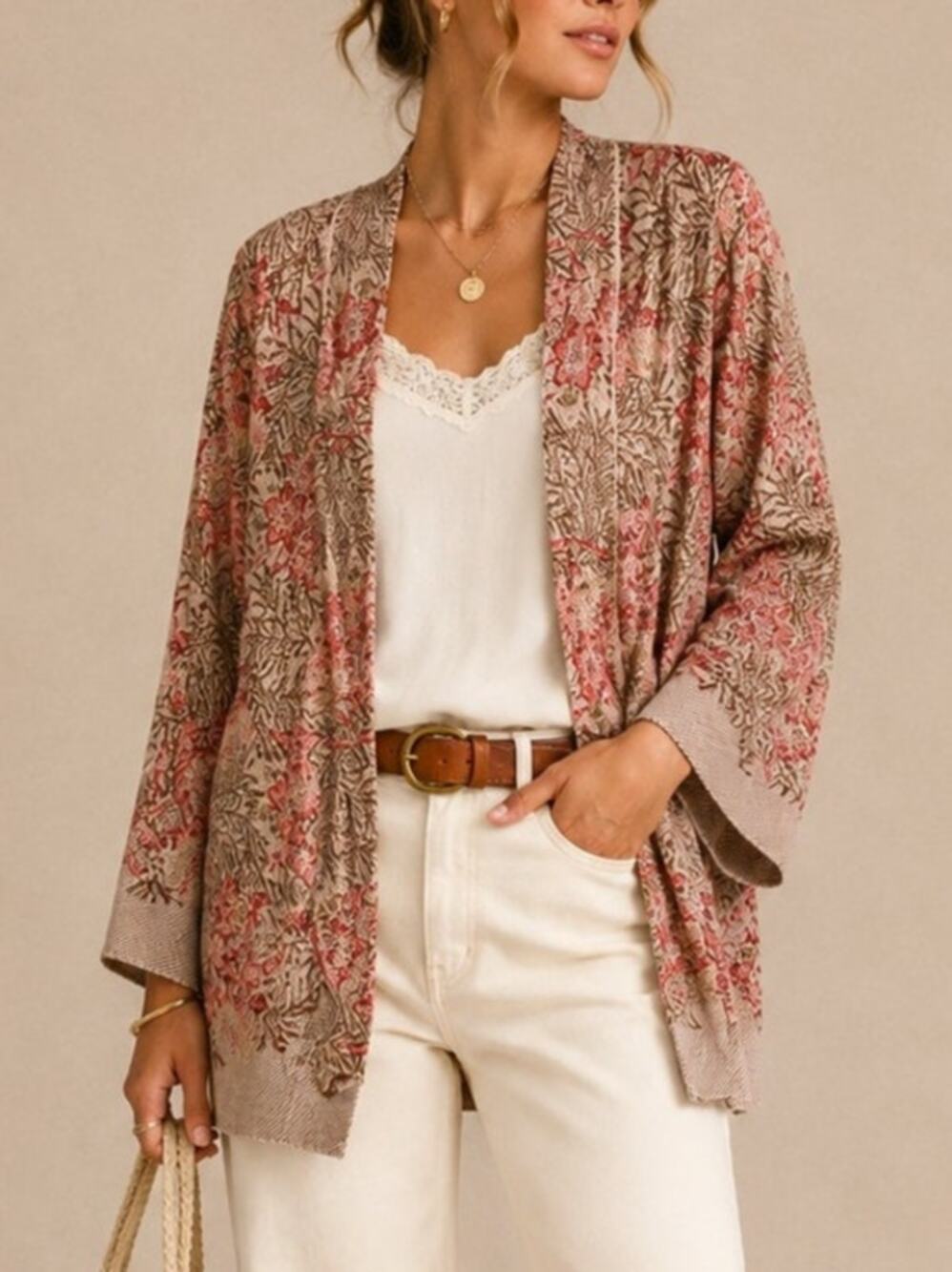 Peruvian Connection Floral Open Front Cardigan Medium Pink Boho Folk Indie Fall